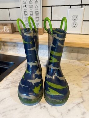 Kids Navy and Green Shark Rain Boots
